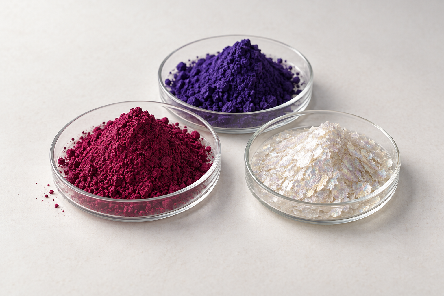 Illustrative studio study of red-violet, violet and pearlescent pigment samples in glass dishes